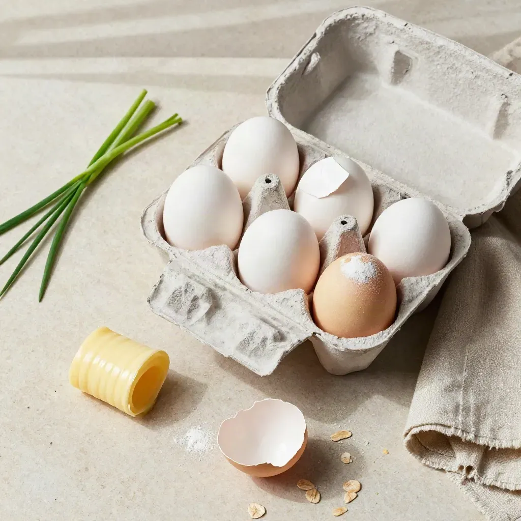 Overhead flatlay of eggs, cracked shell, butter curl, chives, and linen on stone