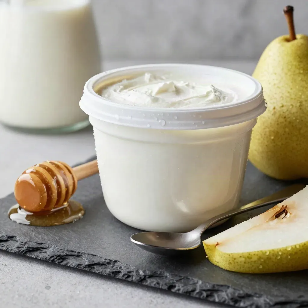 Greek yogurt tub with spoon, honey dipper and pear slices on cool slate stone