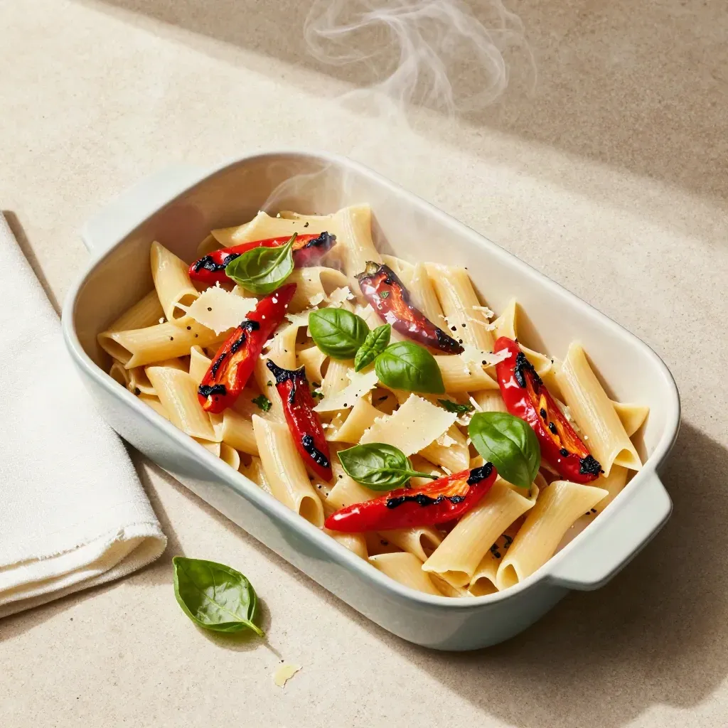 Steaming veg pasta tray with roasted peppers, basil, parmesan and torn napkin on pale stone.