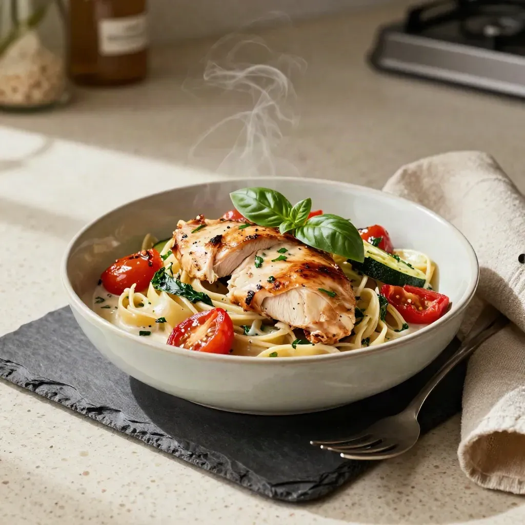 Steam rises from a chicken pasta bowl with roasted vegetables, herbs, and a fork on slate.
