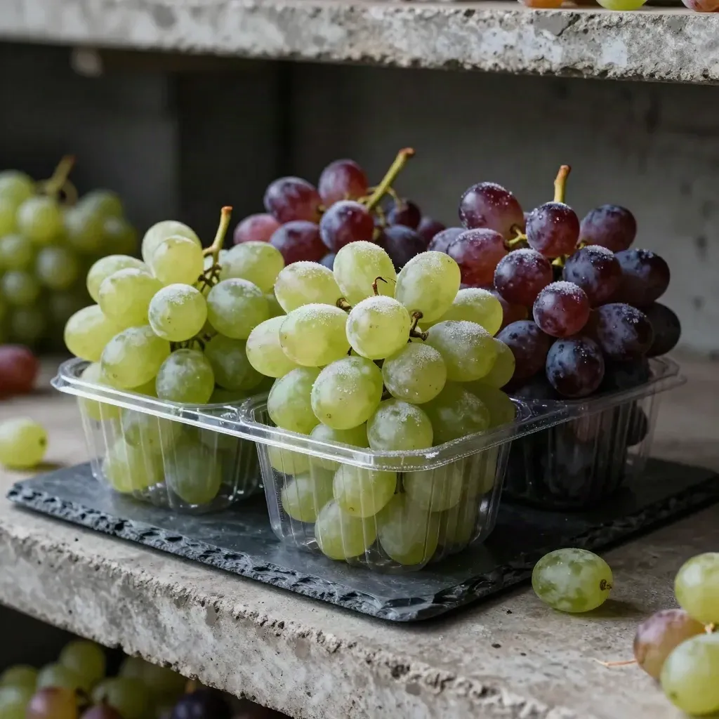 Three grape punnets in green, red and dark varieties on a cool concrete shelf
