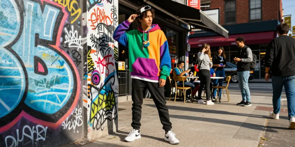 Stylish individual in trendy streetwear engaging with urban culture surrounded by vibrant street art and sunny atmosphere, rokok88 lifestyle moment.