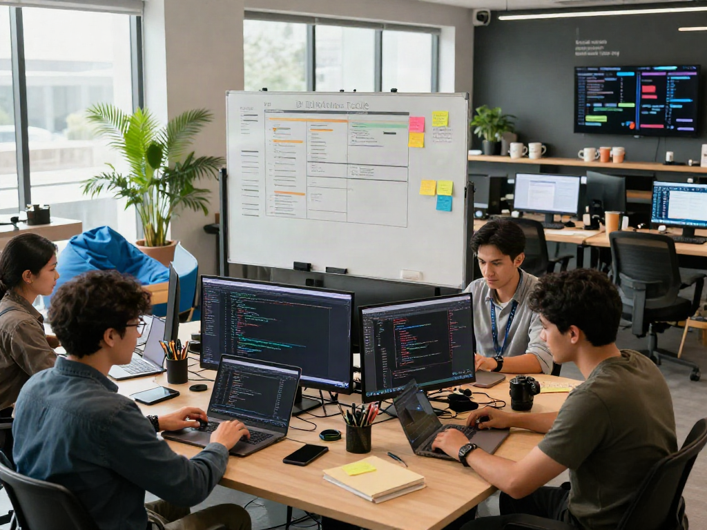 Developers collaborating in a modern workspace while using crushonai for innovative software solutions.
